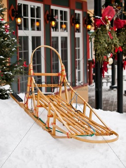 professional wooden mushing sleigh in snow