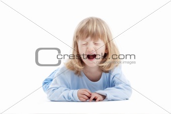 boy with long blond hair on the floor, screaming - isolated on white