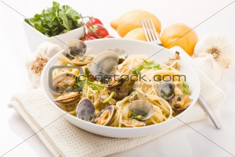 Pasta with Clams on white background
