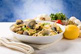 Pasta with Clams on blue background