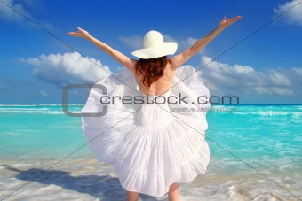 beach rear woman wind shaking white dress