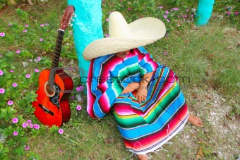 Mexican lazy sombrero hat man poncho nap garden