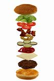 Isometric exploded view of hamburger ingredients isolated on whi