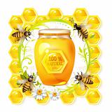 Bees with glass jar and honey