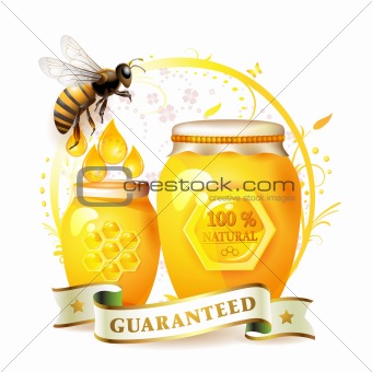 Glass jar with honey and bee