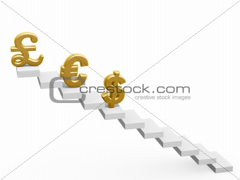 euro dollar and pound on top of steps