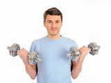 young healthy man working out with free weights. isolated