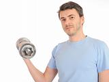 young healthy man working out with free weights. isolated
