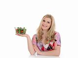 Pretty woman eating green vegetable salad. isolated on white 