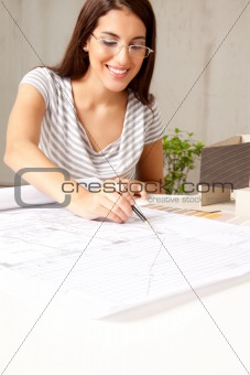 Female Architect with Blueprints