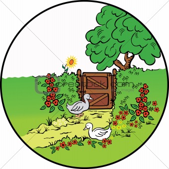 Rural  fence, flowers and farm geese . Vector