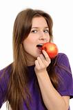 young woman holding a red apple