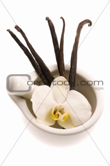 mortar with vanilla pods and flower