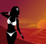 silhouette beautiful girl at sunset on beach