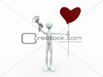 man with megaphone and heart shaped billboard