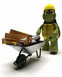 tortoise Builder with a wheel barrow carrying tools