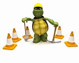 tortoise with a spade and pick axe with hazard cones