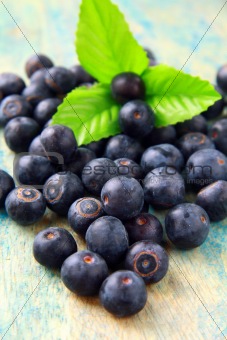 blueberries with a green leaf on a wooden background