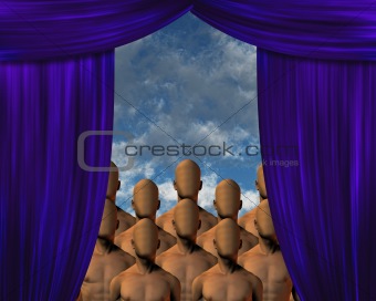 Faceless Masses behind curtain