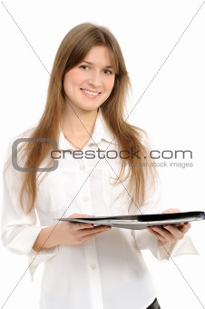 woman, giving a folder