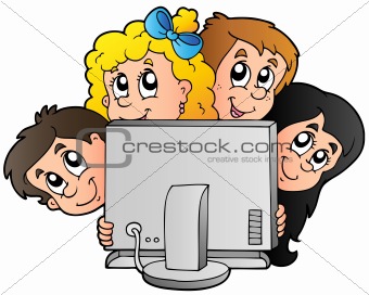 Cartoon kids with computer