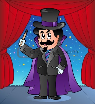 Cartoon magician on circus stage