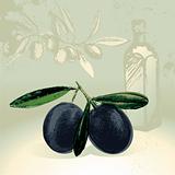 Black olives with olive oil bottle in the background