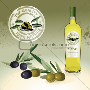 Olive oil bottle, label and olives
