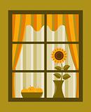 sunflower and apples behind window
