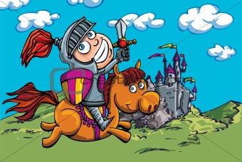 Cute cartoon knight on a horse