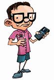 Cartoon nerd with glasses and a smartphone