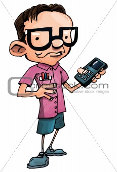 Cartoon nerd with glasses and a smartphone