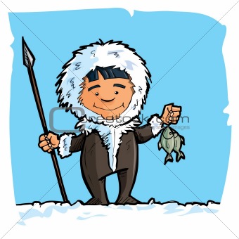 Cartoon eskimo with a spear and a fish