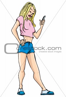 Cartoon girl using a mobile phone