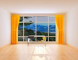 Room with yellow window shades and large window.