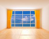 Room with yellow window shades and panorama