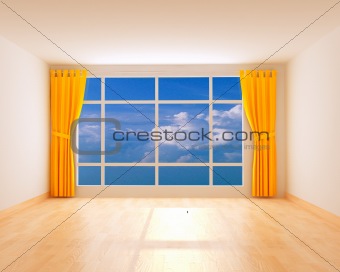 Room with yellow window shades and panorama