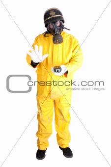 Policeman in Hazmat clothing with gieger counter