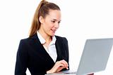 young businesswoman with laptop on white background studio