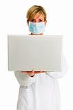 female doctor with mask and laptop