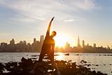 Woman Runner Yoga Stretching Manhattan Skyline Sunrise New York 