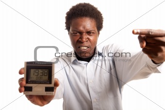 young man angry clock