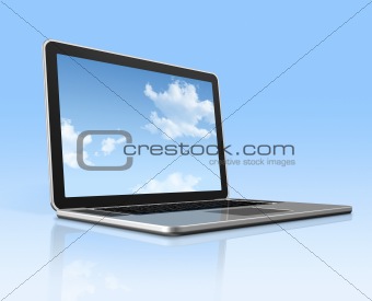 Laptop computer with sky screen isolated on blue