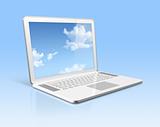 White laptop computer with sky screen isolated on blue