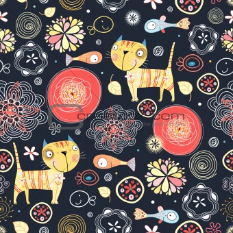 floral pattern of the cats and fish