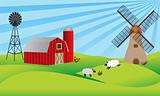 Farmland with barn and windmill
