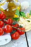 Pasta ingredient olive oil, basil, tomato Italian Still Life