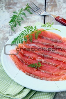 salted salmon red fish sliced ​​on a plate