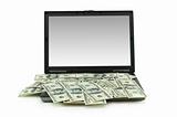 E-commerce concept with dollars and laptop isolated on the white