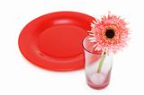Flower and red plate isolated on the white